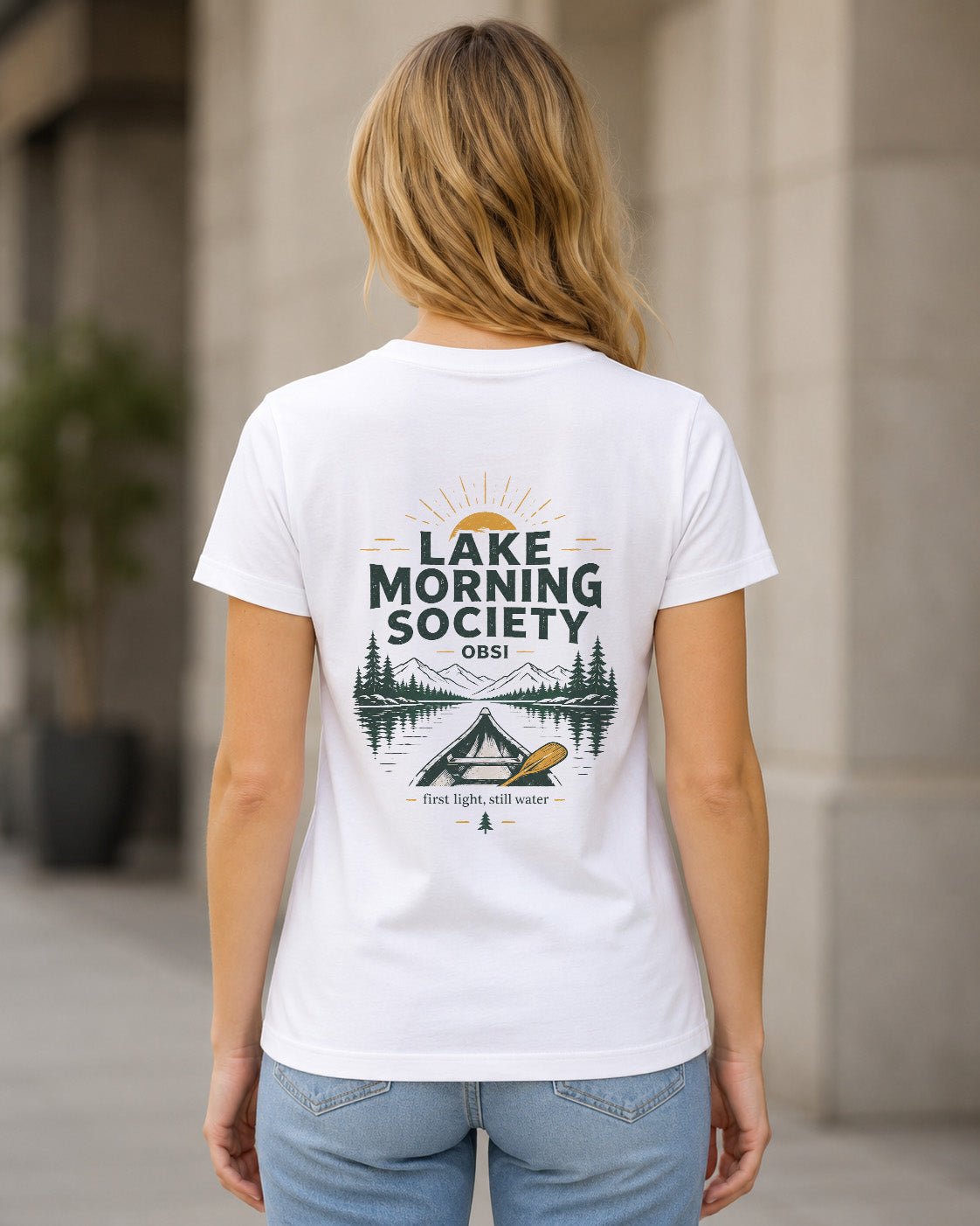 Lake Morning Society T-Shirt – Frauen Shirt Weiss, Rückenprint