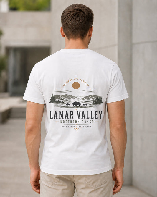 Lamar Valley T-Shirt – Bio-Baumwolle Shirt Weiss, Rückenprint