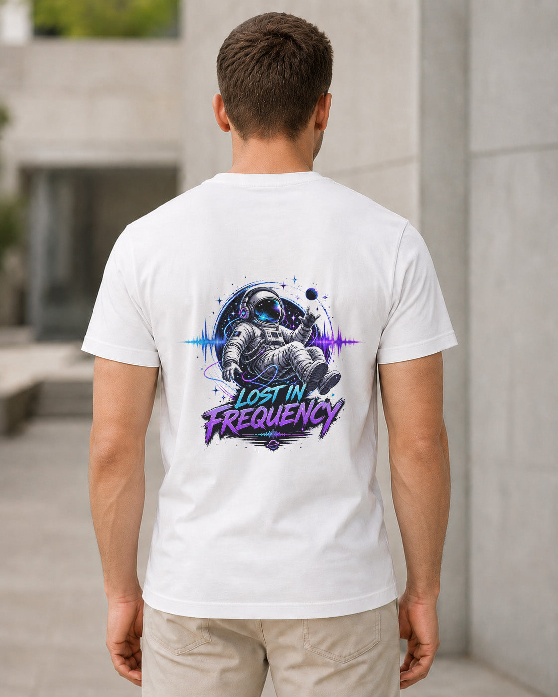 Lost in Frequency T-Shirt – Bio-Baumwolle Shirt Weiss, Rückenprint