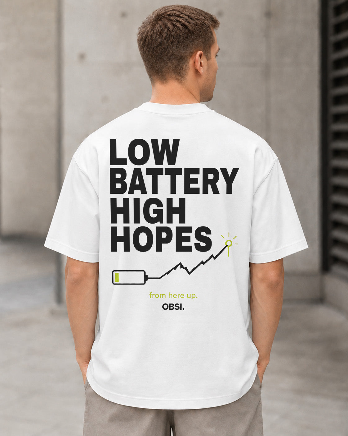 Low Battery High Hopes T-Shirt – Heavyweight Oversize Shirt Weiss, Rückenprint