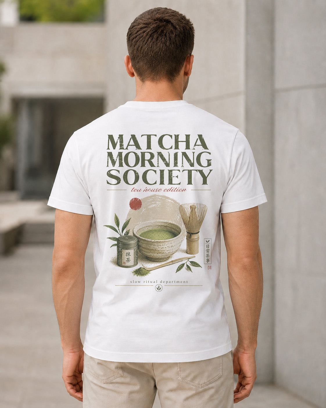 Matcha Morning Society T-Shirt – Bio-Baumwolle Shirt Weiss, Rückenprint