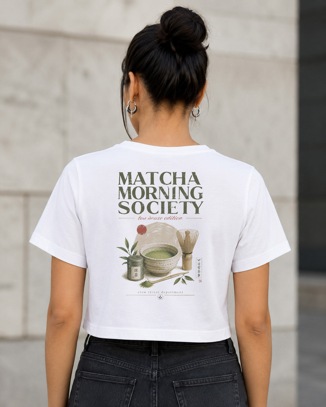Matcha Morning Society T-Shirt – Frauen Crop Shirt Weiss, Rückenprint