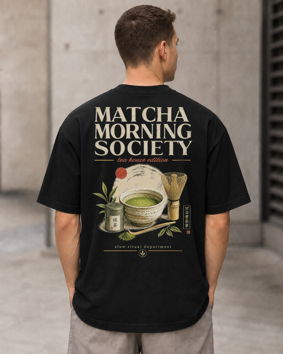 Matcha Morning Society T-Shirt – Heavyweight Oversize Shirt Schwarz, Rückenprint