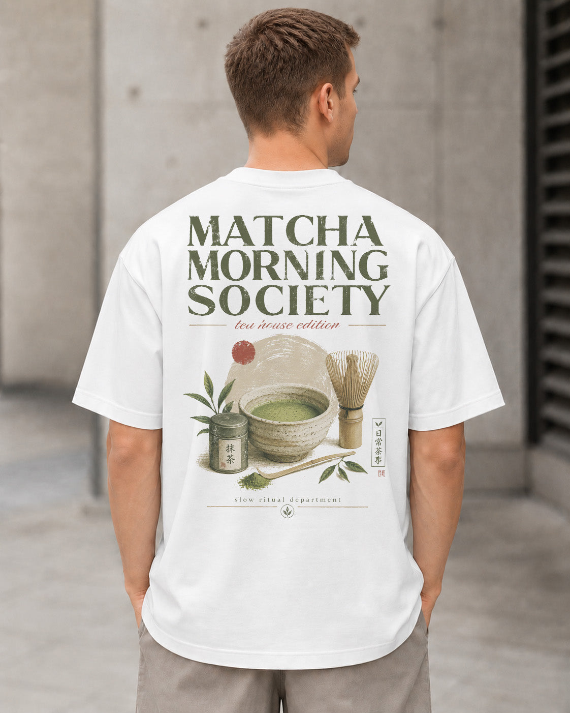 Matcha Morning Society T-Shirt – Heavyweight Oversize Shirt Weiss, Rückenprint