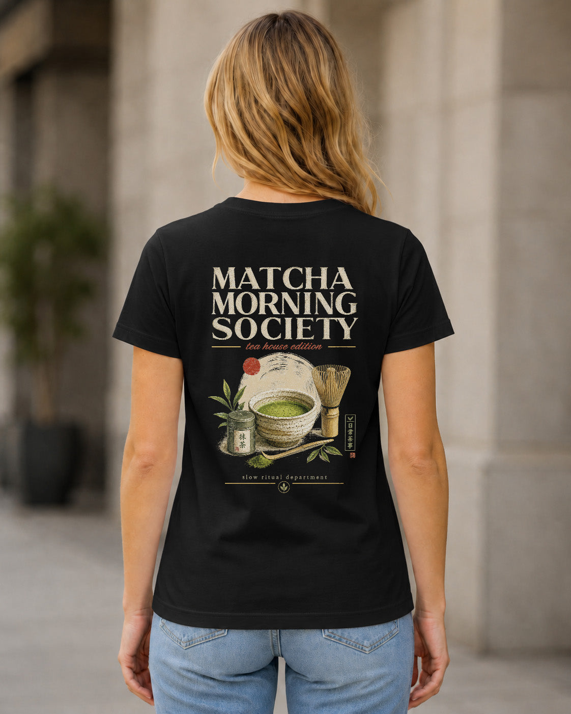 Matcha Morning Society T-Shirt – Frauen Shirt Schwarz, Rückenprint