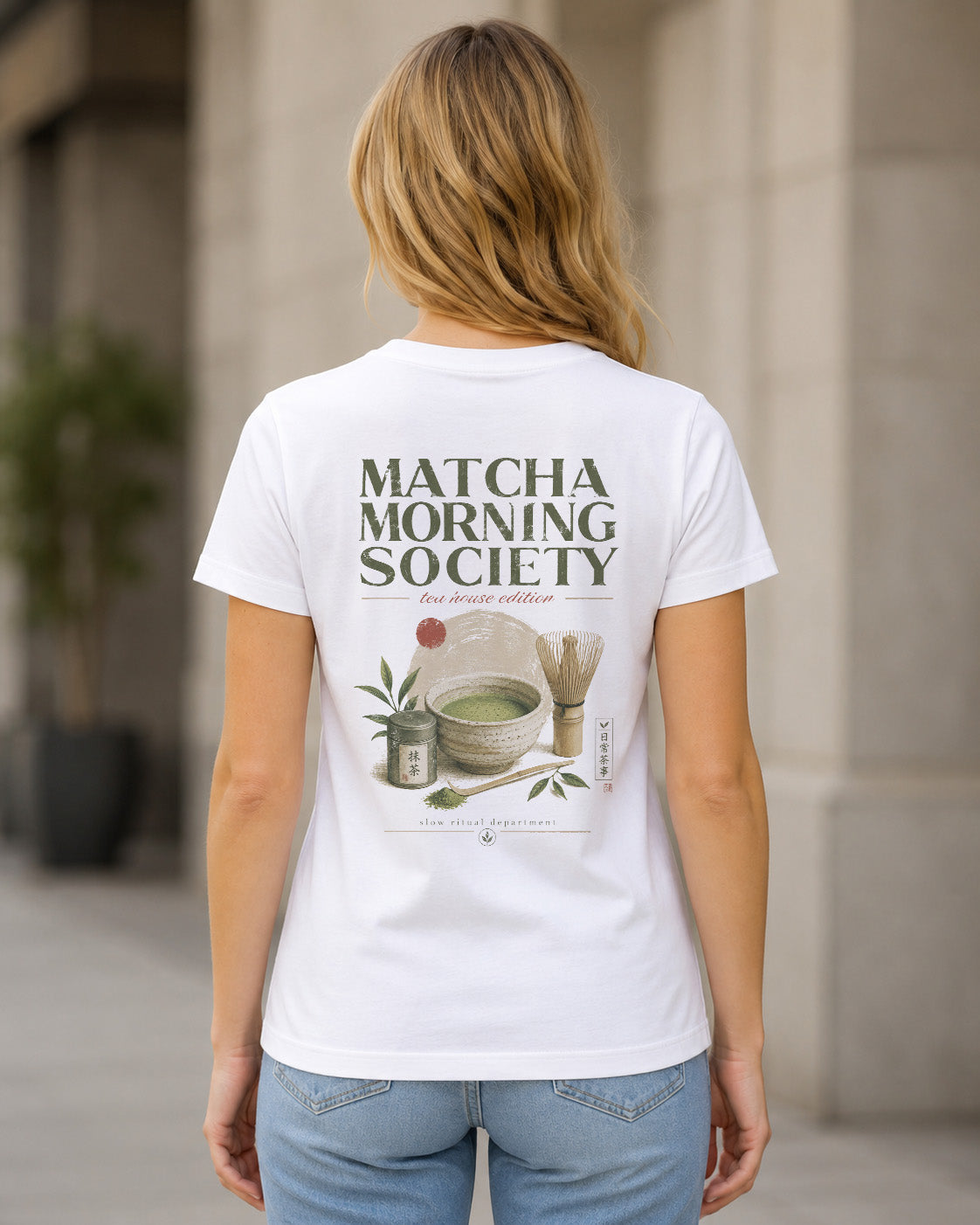 Matcha Morning Society T-Shirt – Frauen Shirt Weiss, Rückenprint