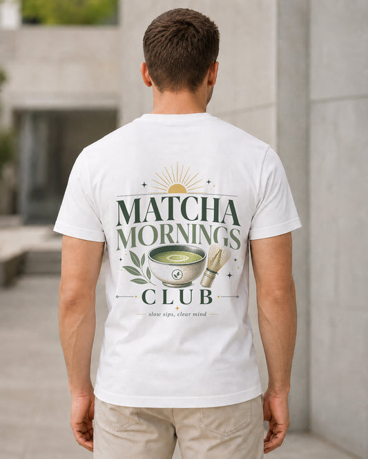 Matcha Mornings Club T-Shirt – Bio-Baumwolle Shirt Weiss, Rückenprint