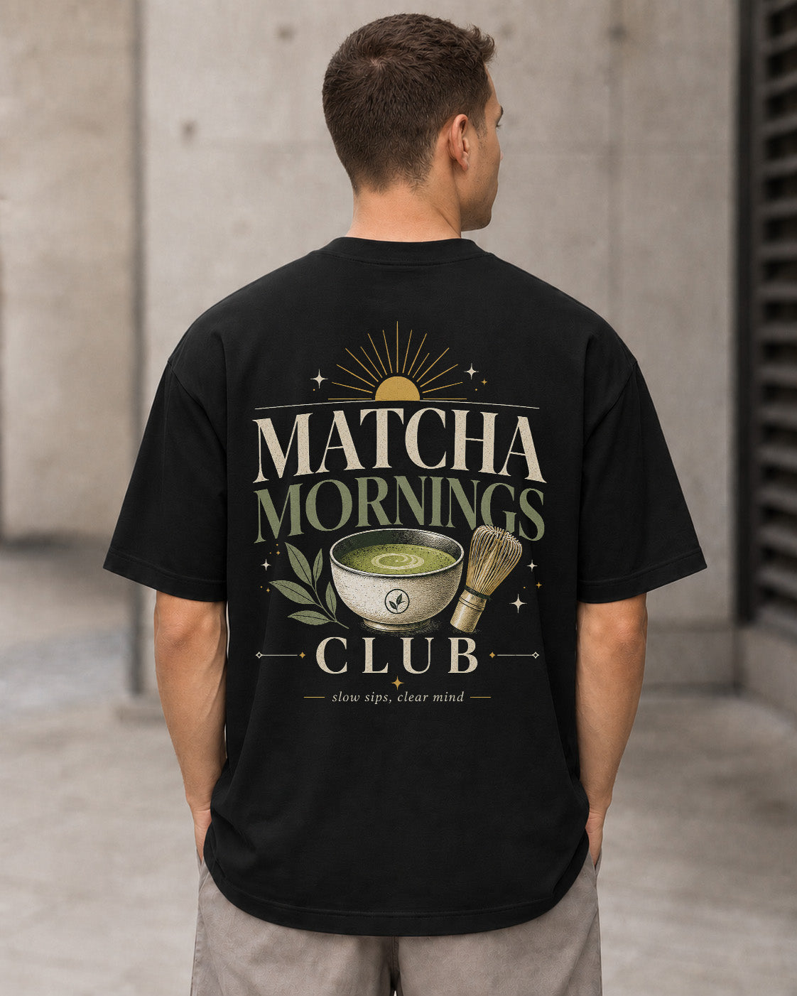 Matcha Mornings Club T-Shirt – Heavyweight Oversize Shirt Schwarz, Rückenprint