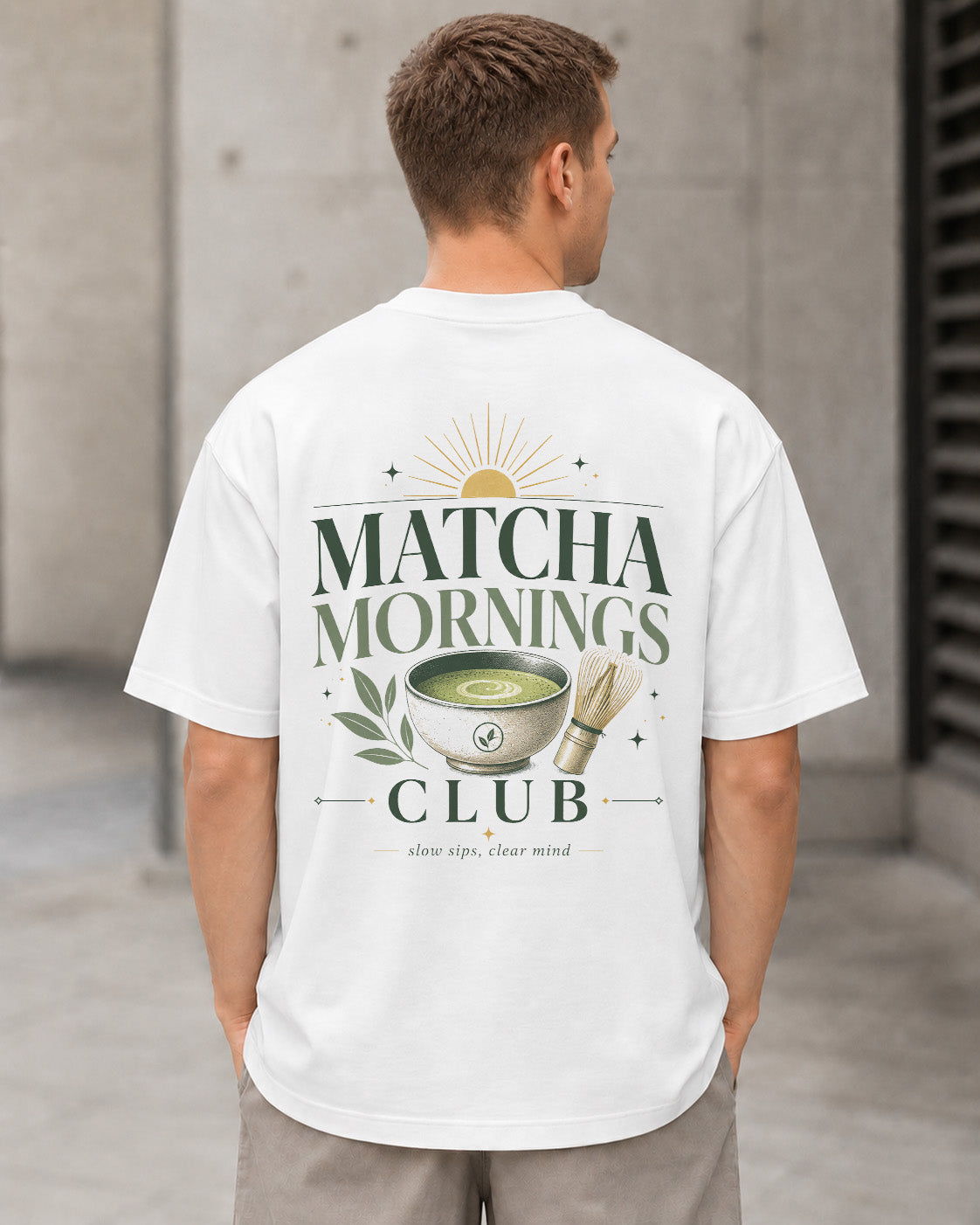 Matcha Mornings Club T-Shirt – Heavyweight Oversize Shirt Weiss, Rückenprint