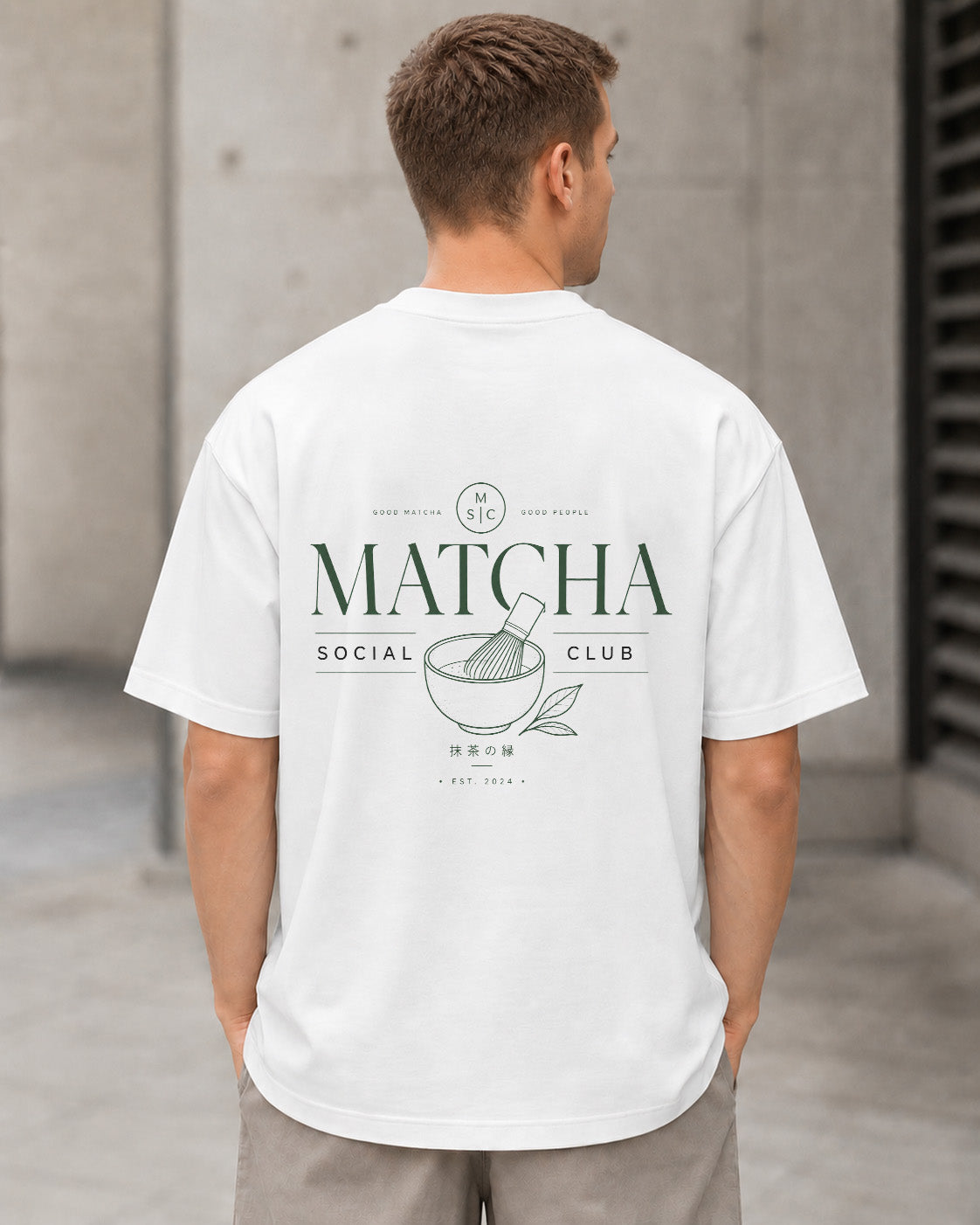 Matcha Social Club T-Shirt – Heavyweight Oversize Shirt Weiss, Rückenprint