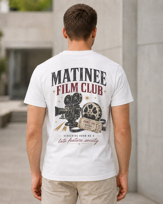 Matinee Film Club T-Shirt – Bio-Baumwolle Shirt Weiss, Rückenprint