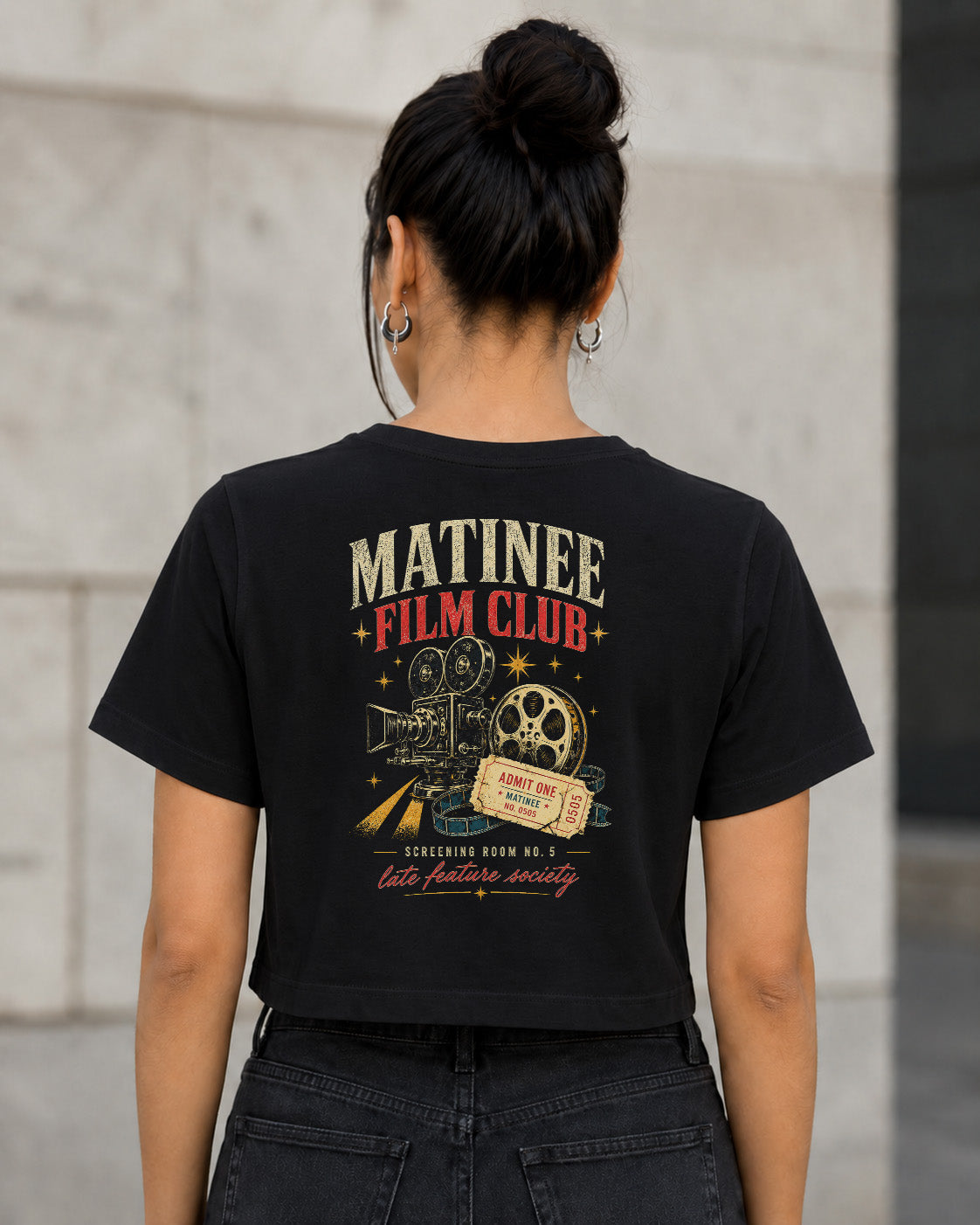 Matinee Film Club T-Shirt – Frauen Crop Shirt Schwarz, Rückenprint
