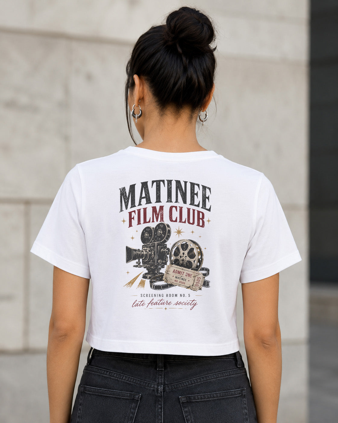 Matinee Film Club T-Shirt – Frauen Crop Shirt Weiss, Rückenprint