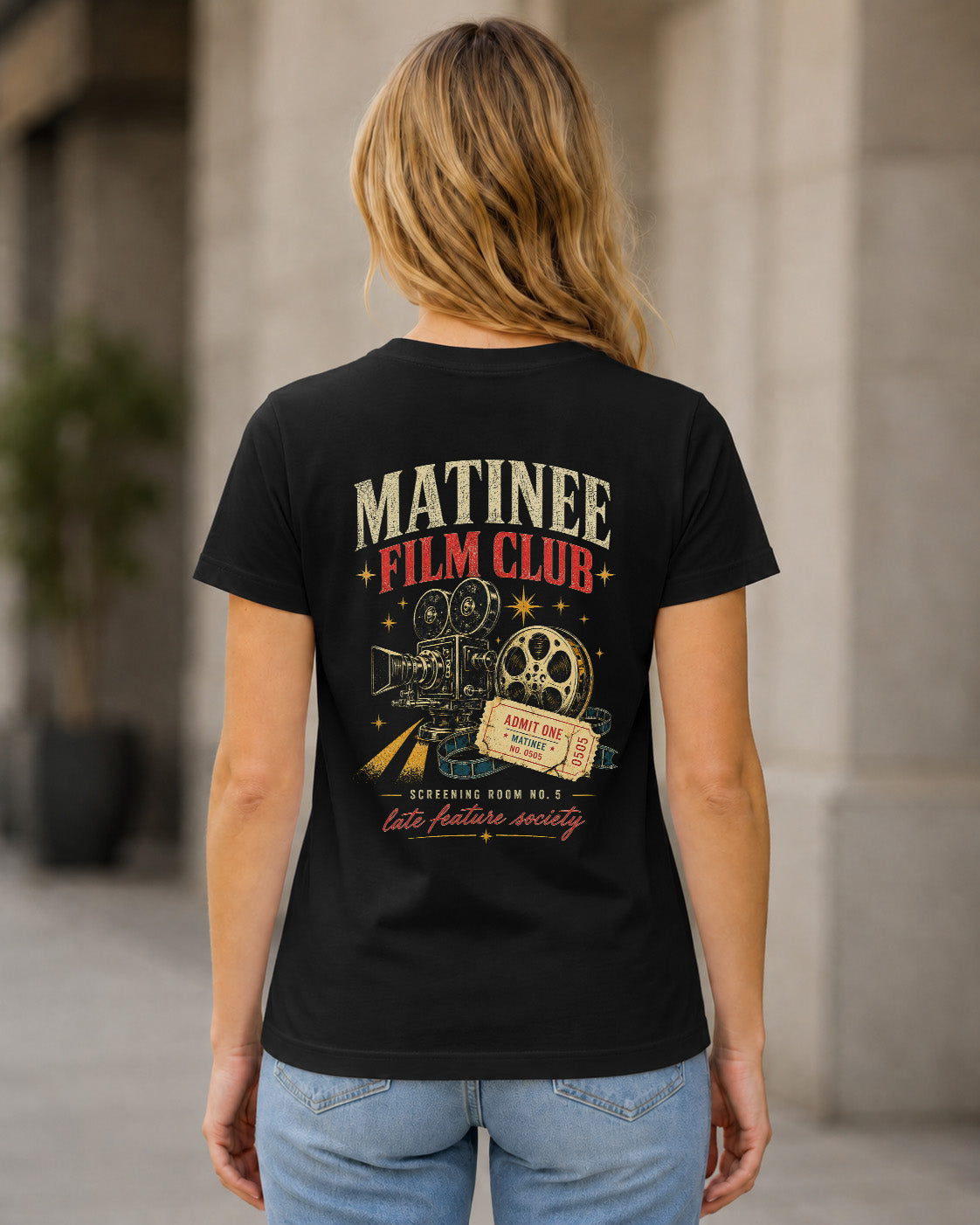 Matinee Film Club T-Shirt – Frauen Shirt Schwarz, Rückenprint