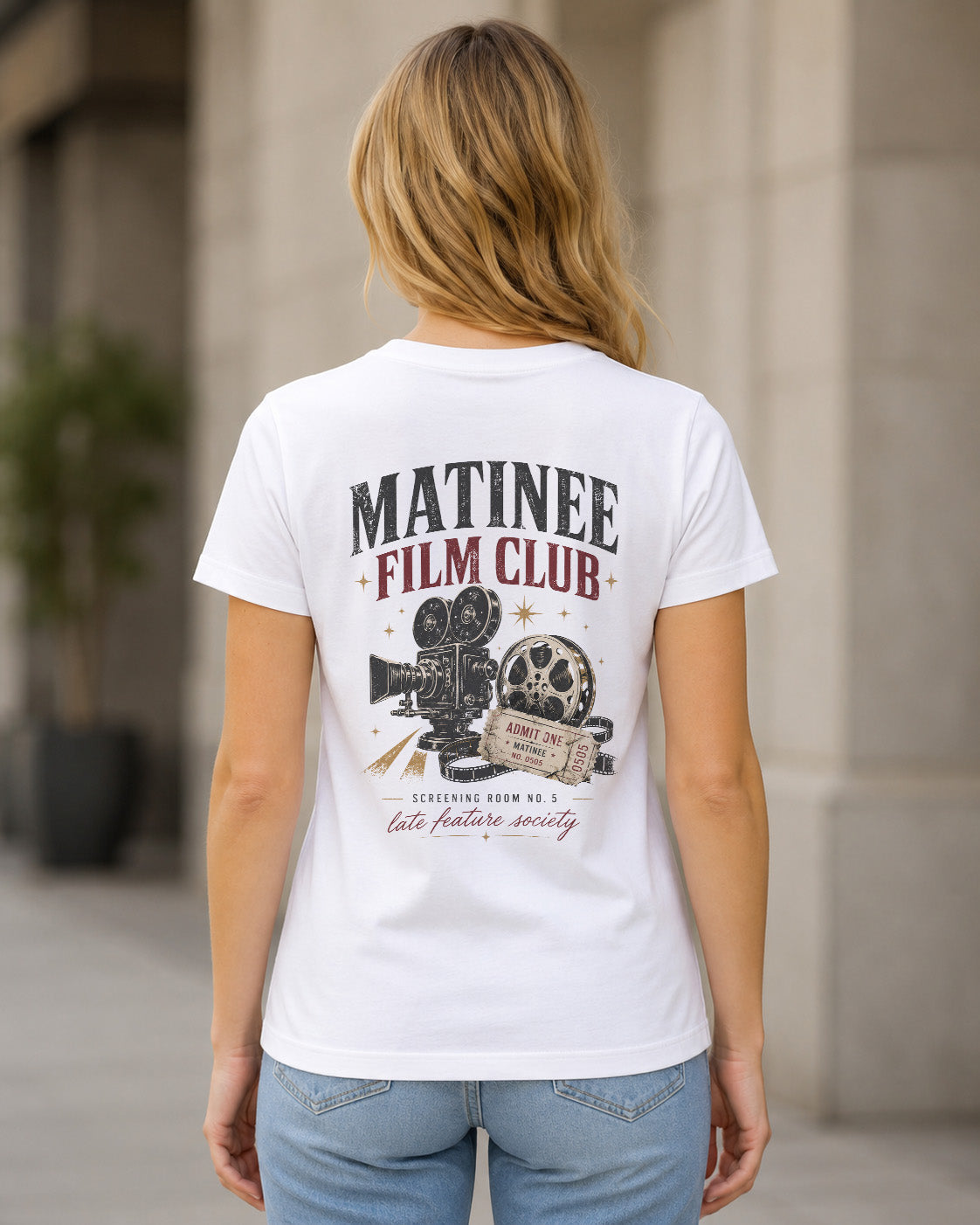Matinee Film Club T-Shirt – Frauen Shirt Weiss, Rückenprint