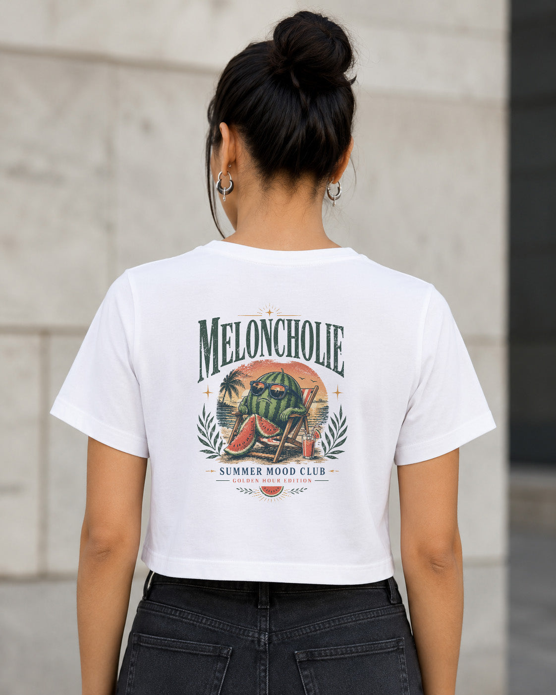 Meloncholie T-Shirt – Frauen Crop Shirt Weiss, Rückenprint