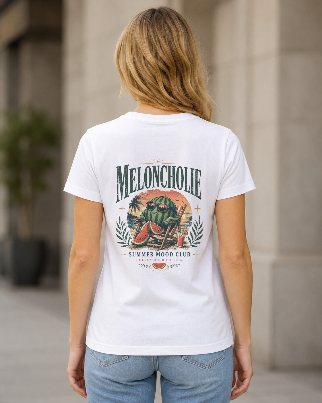 Meloncholie T-Shirt – Frauen Shirt Weiss, Rückenprint