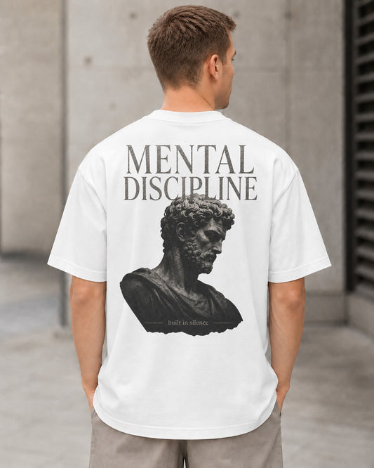 Mental Discipline T-Shirt – Heavyweight Oversize Shirt Weiss, Rückenprint