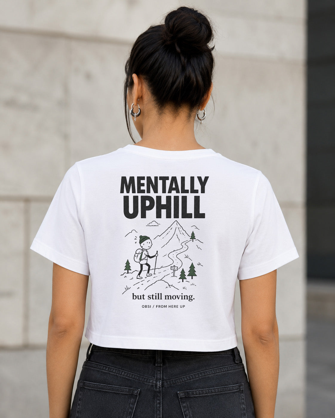 Mentally Uphill T-Shirt – Frauen Crop Shirt Weiss, Rückenprint