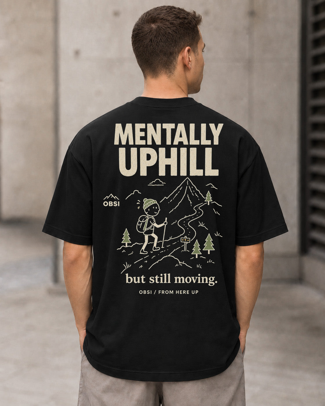 Mentally Uphill T-Shirt – Heavyweight Oversize Shirt Schwarz, Rückenprint