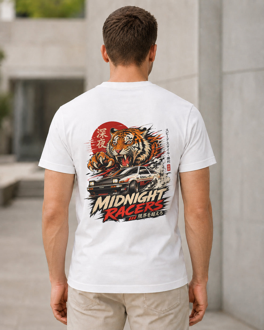Midnight Racers T-Shirt – Bio-Baumwolle Shirt Weiss, Rückenprint