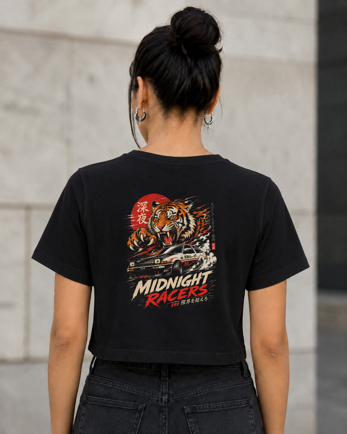 Midnight Racers T-Shirt – Frauen Crop Shirt Schwarz, Rückenprint