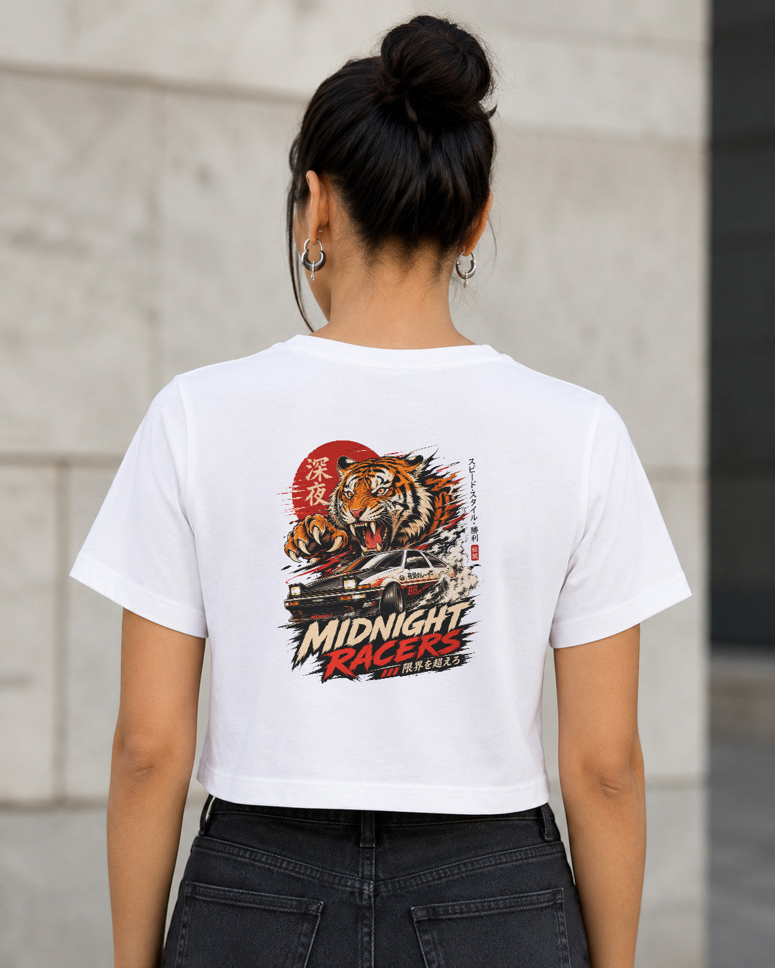 Midnight Racers T-Shirt – Frauen Crop Shirt Weiss, Rückenprint