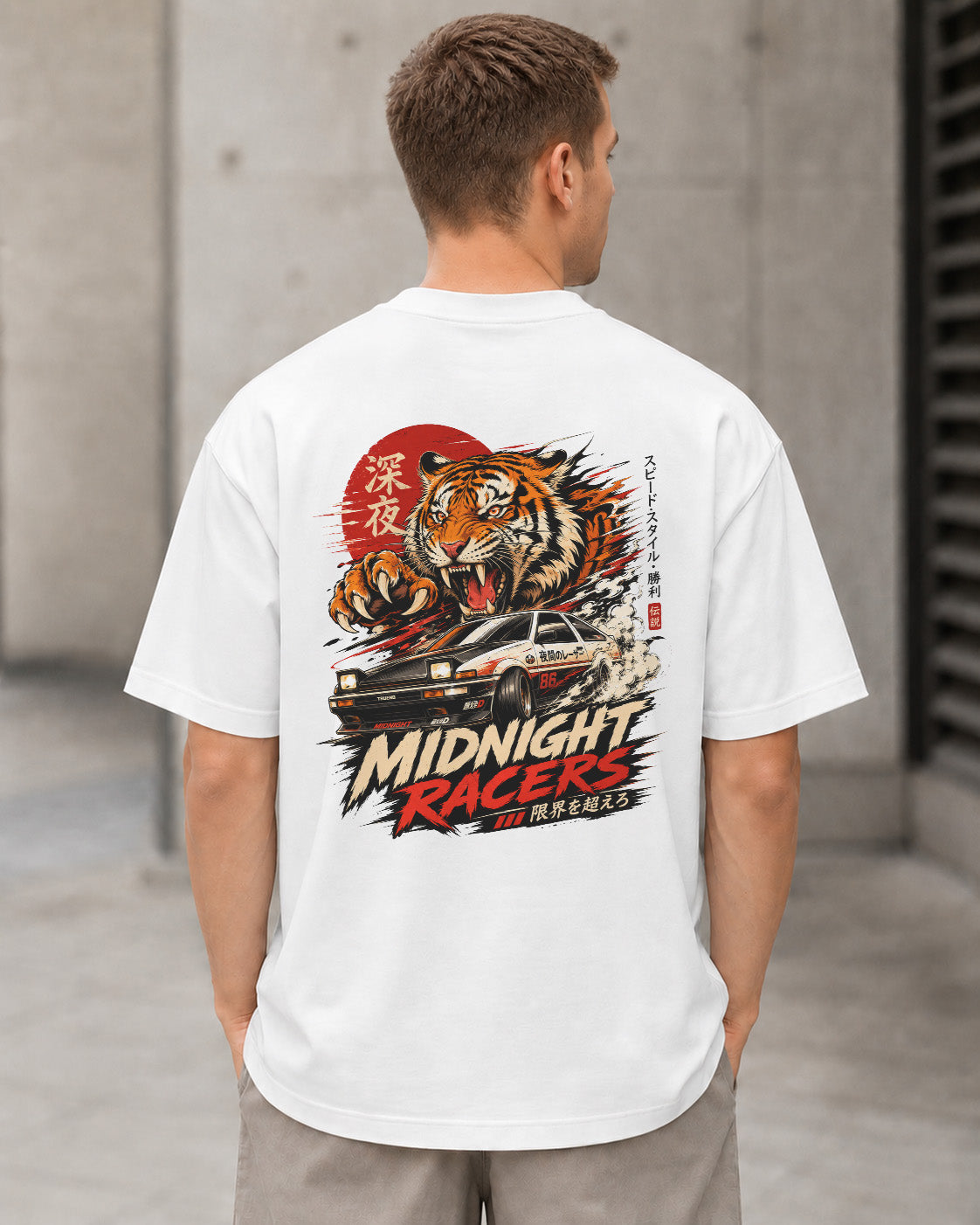 Midnight Racers T-Shirt – Heavyweight Oversize Shirt Weiss, Rückenprint