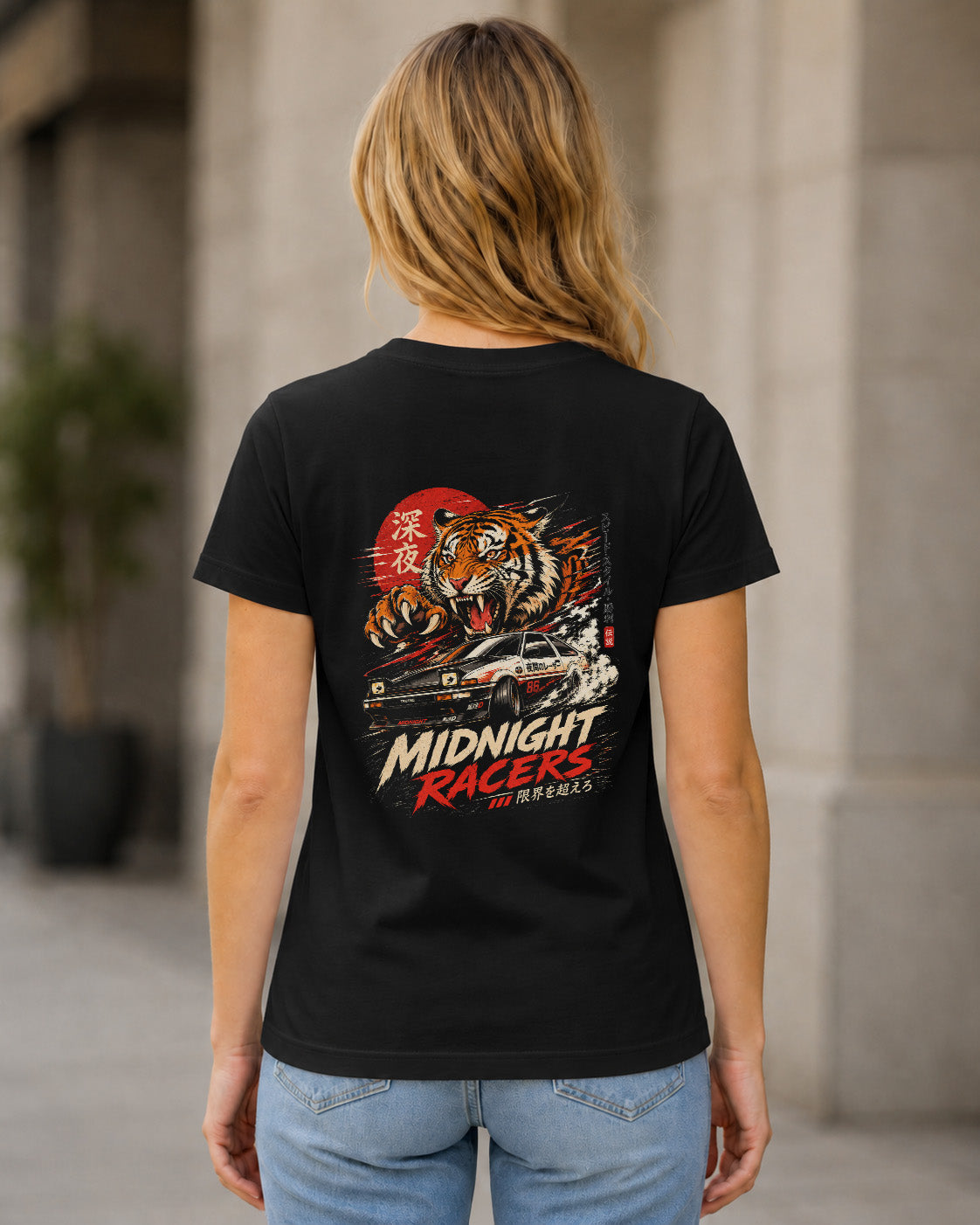 Midnight Racers T-Shirt – Frauen Shirt Schwarz, Rückenprint