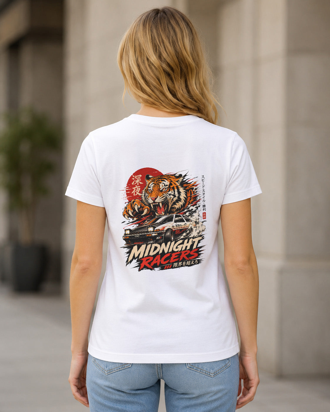 Midnight Racers T-Shirt – Frauen Shirt Weiss, Rückenprint