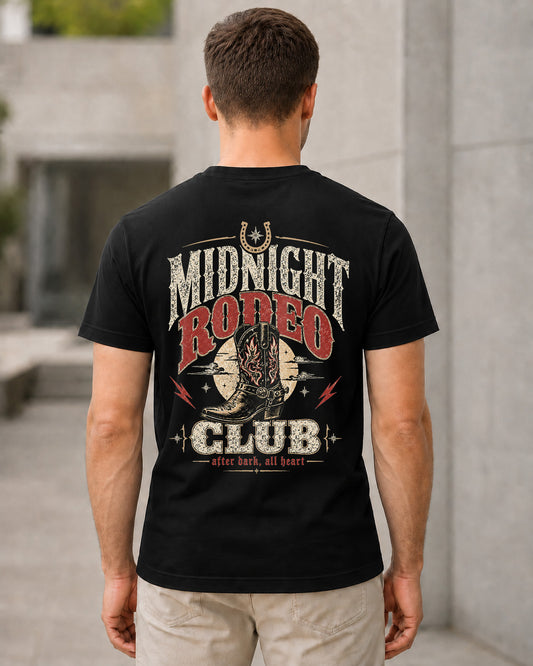 Midnight Rodeo Club T-Shirt – Bio-Baumwolle Shirt Schwarz, Rückenprint