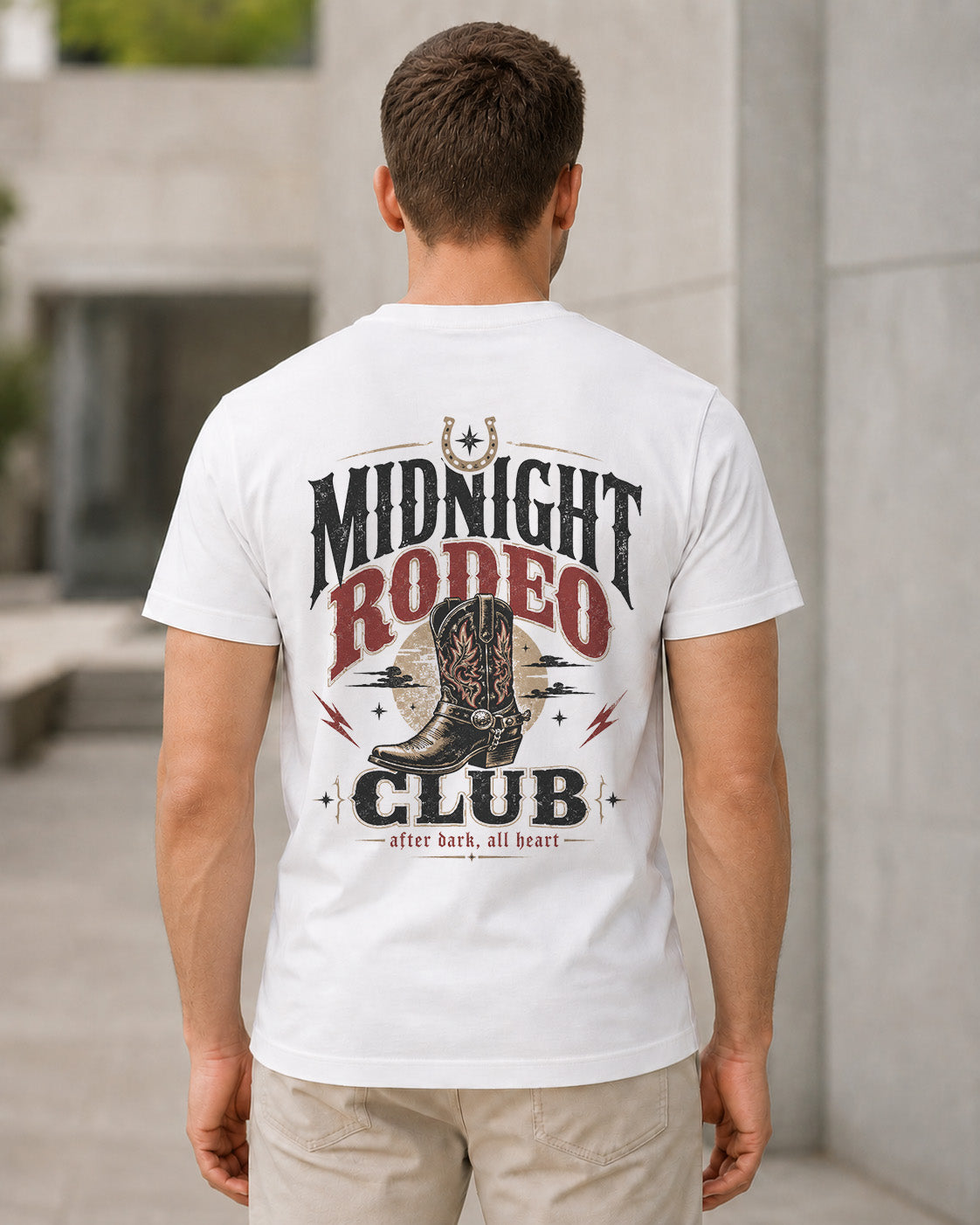 Midnight Rodeo Club T-Shirt – Bio-Baumwolle Shirt Weiss, Rückenprint