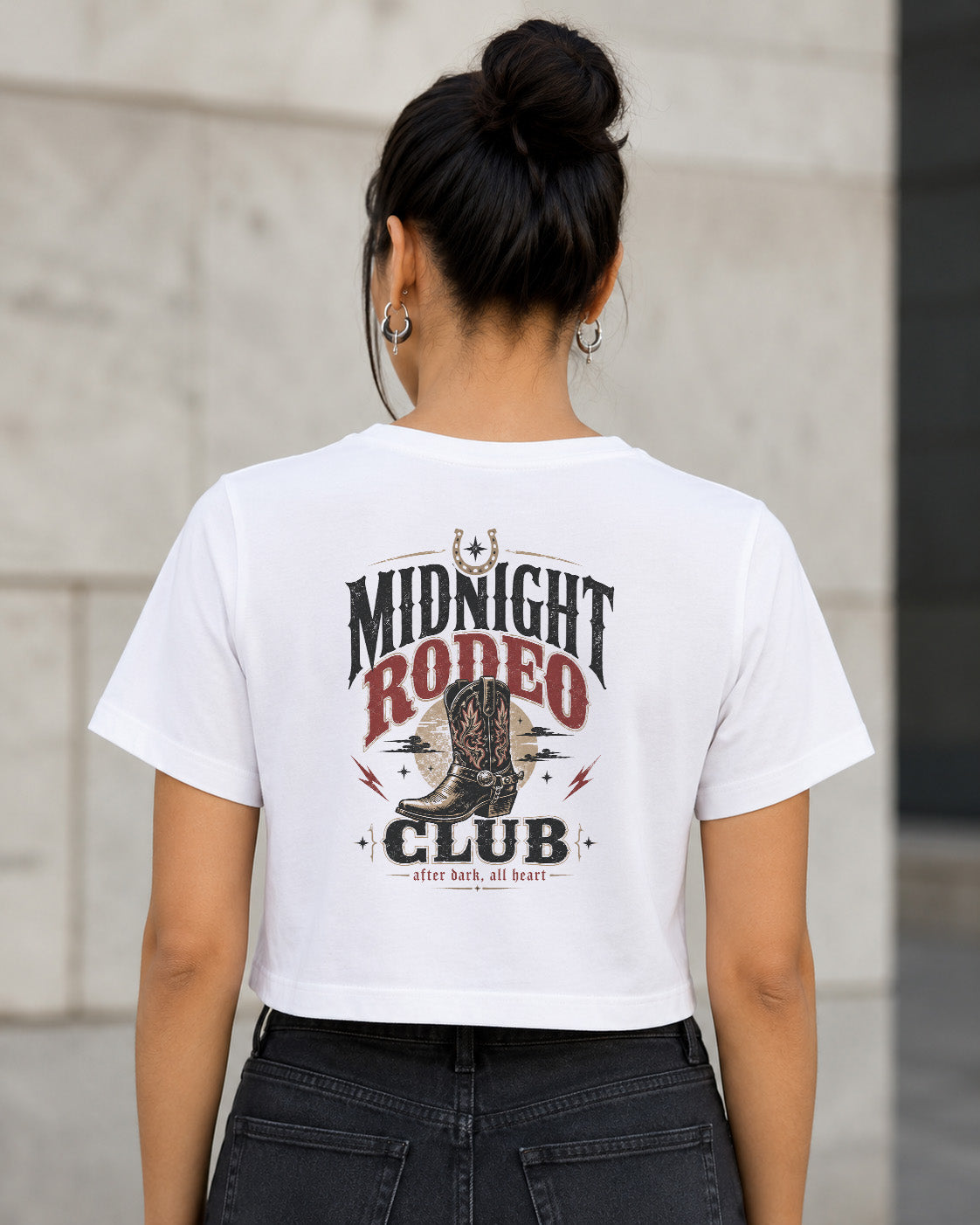 Midnight Rodeo Club T-Shirt – Frauen Crop Shirt Weiss, Rückenprint