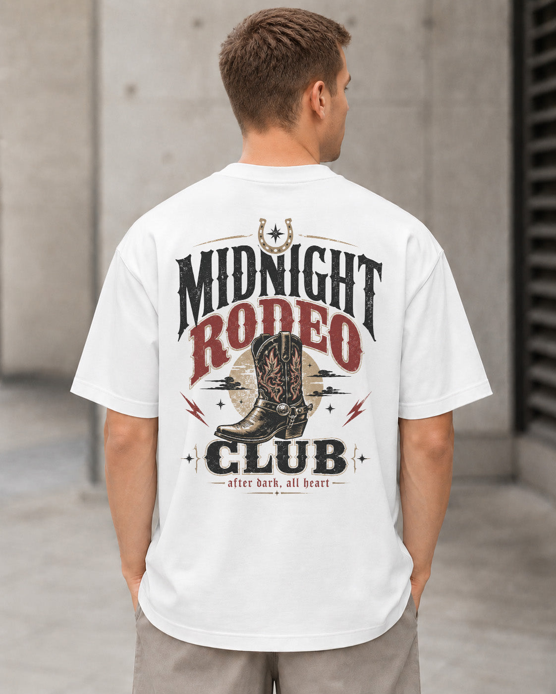 Midnight Rodeo Club T-Shirt – Heavyweight Oversize Shirt Weiss, Rückenprint