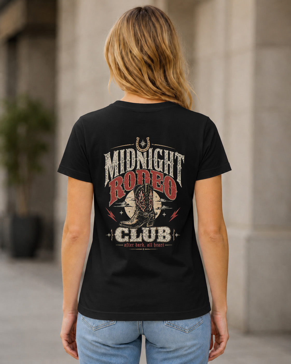 Midnight Rodeo Club T-Shirt – Frauen Shirt Schwarz, Rückenprint