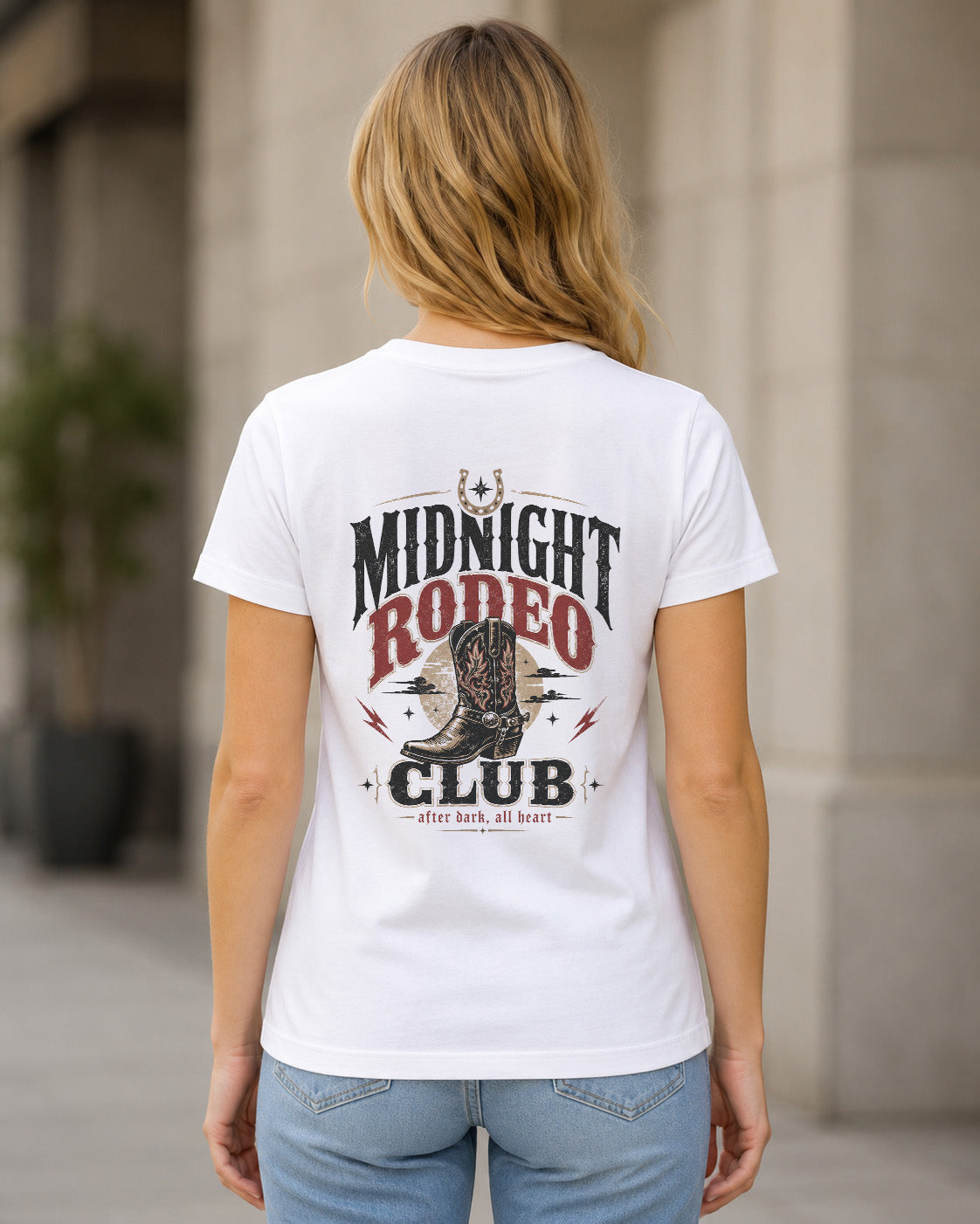 Midnight Rodeo Club T-Shirt – Frauen Shirt Weiss, Rückenprint