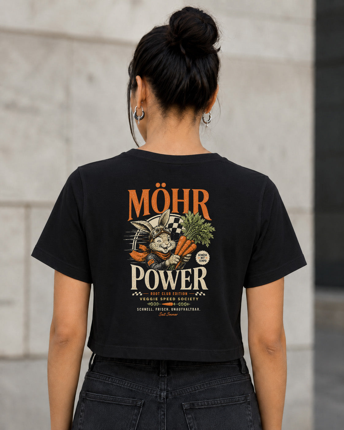 Möhr Power T-Shirt – Frauen Crop Shirt Schwarz, Rückenprint
