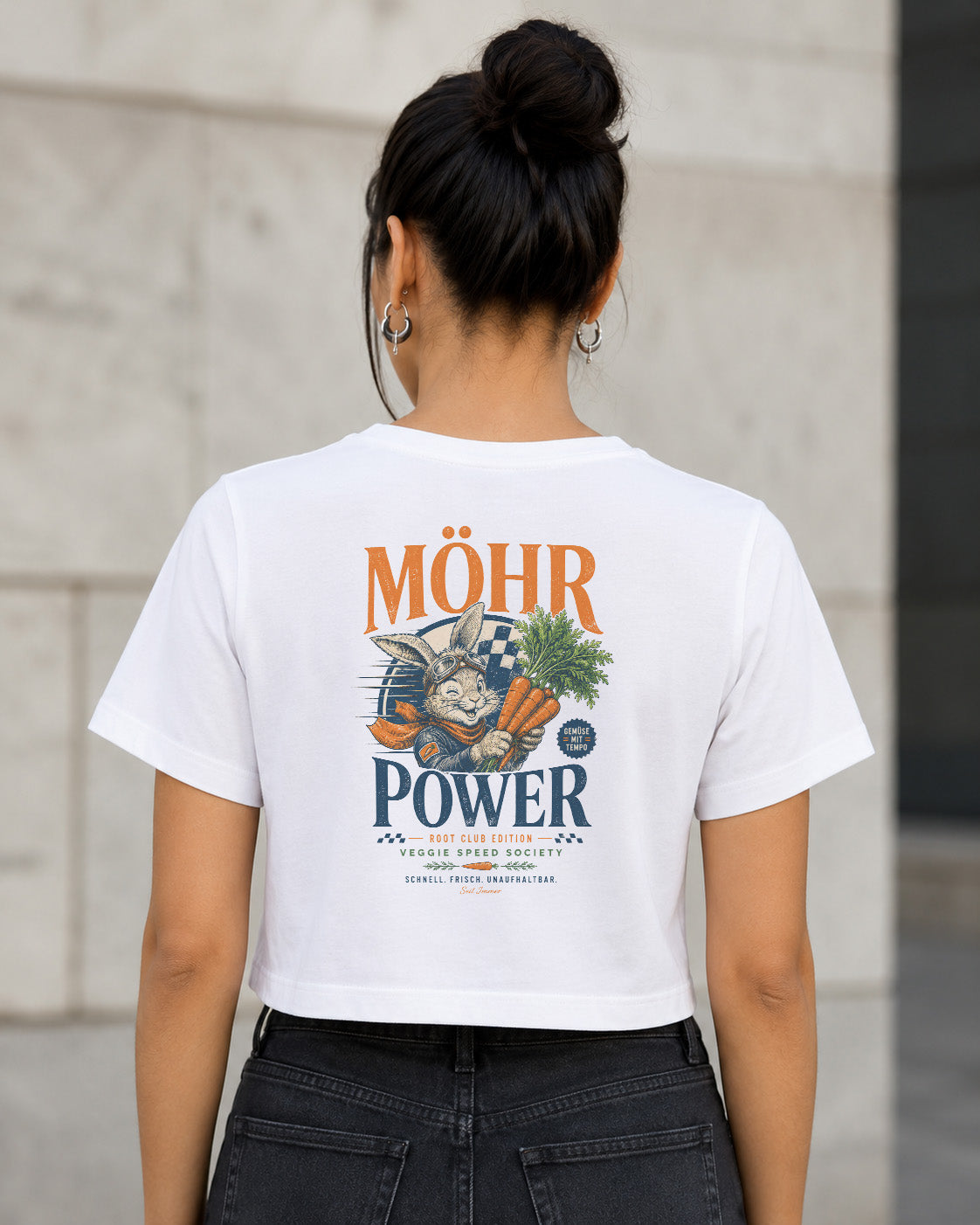 Möhr Power T-Shirt – Frauen Crop Shirt Weiss, Rückenprint