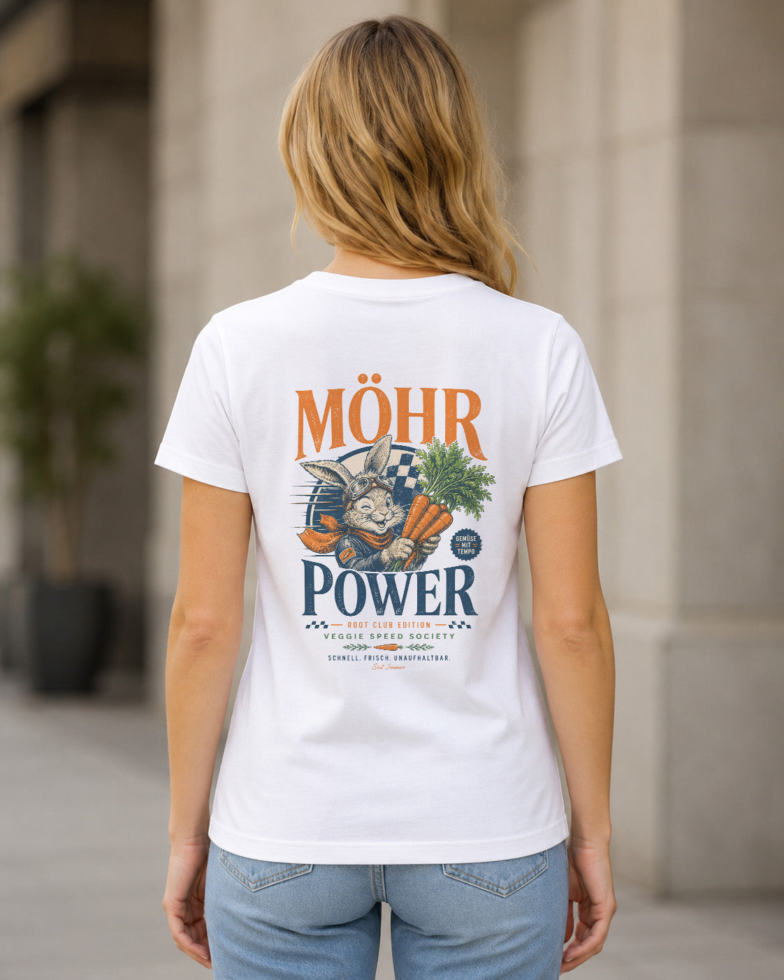 Möhr Power T-Shirt – Frauen Shirt Weiss, Rückenprint