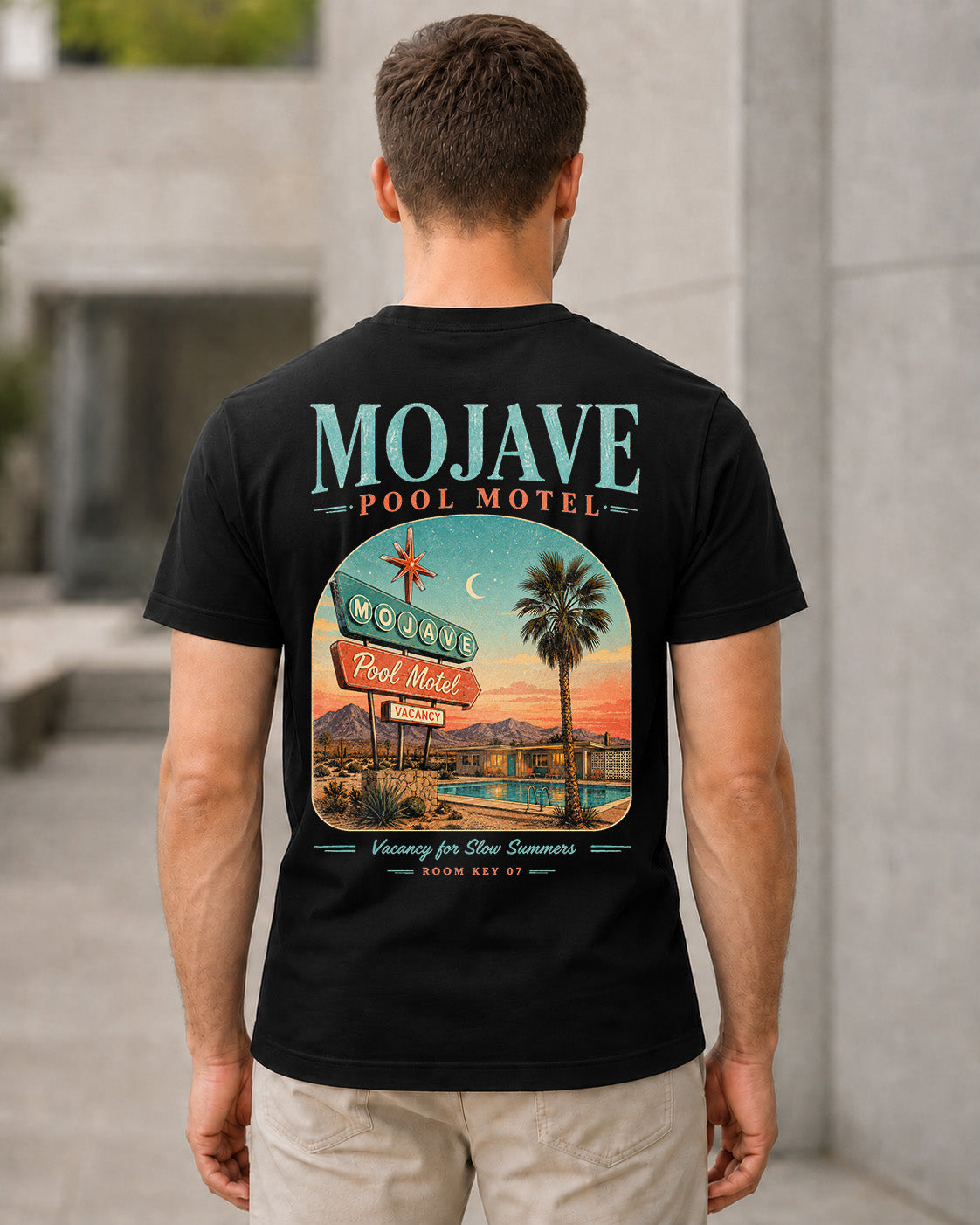 Mojave Pool Motel T-Shirt – Bio-Baumwolle Shirt Schwarz, Rückenprint