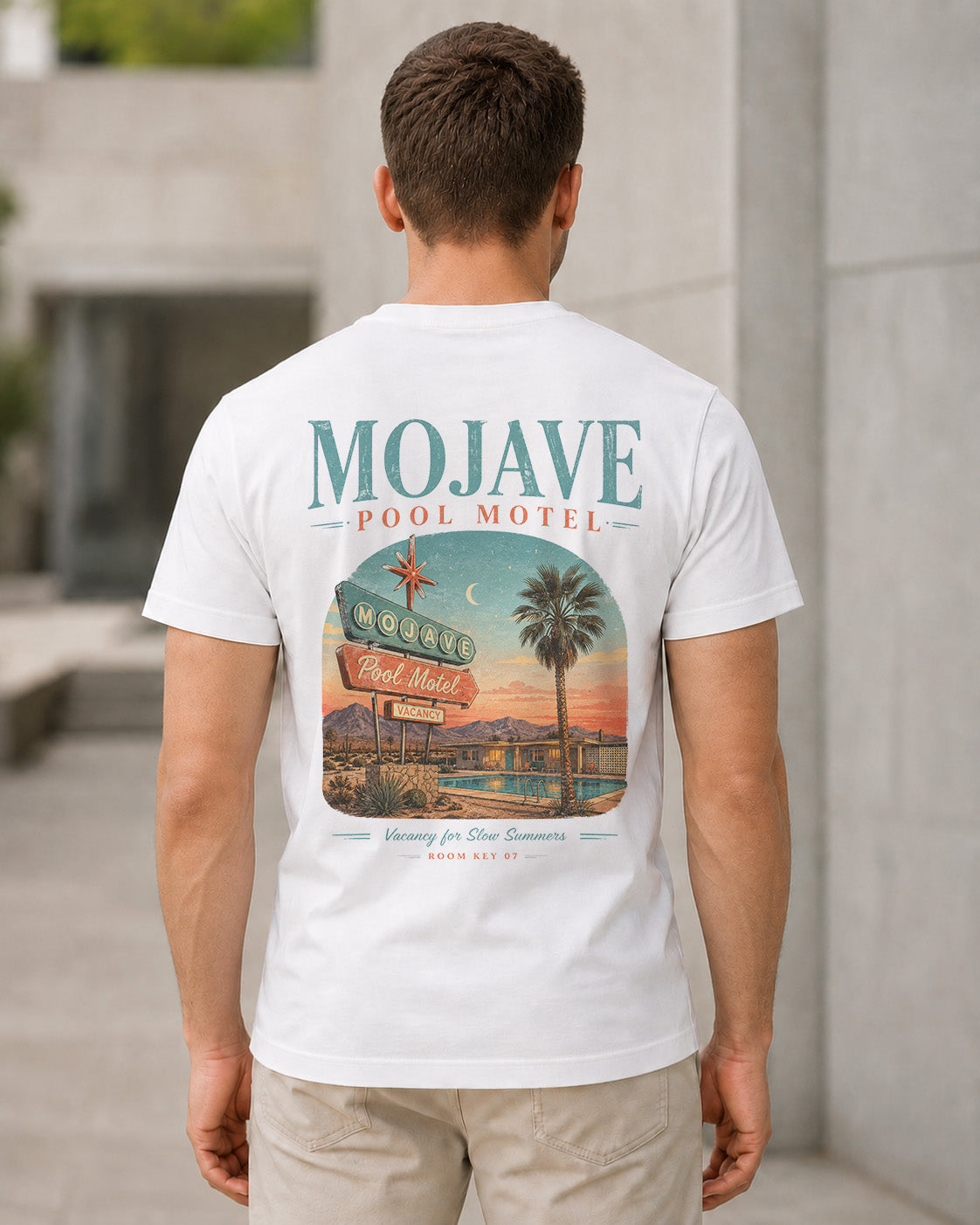 Mojave Pool Motel T-Shirt – Bio-Baumwolle Shirt Weiss, Rückenprint