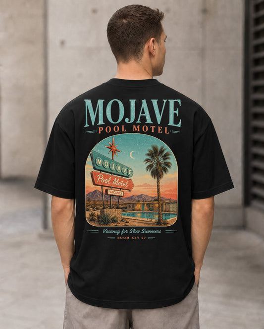 Mojave Pool Motel T-Shirt – Heavyweight Oversize Shirt Schwarz, Rückenprint