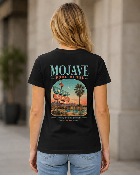 Mojave Pool Motel T-Shirt – Frauen Shirt Schwarz, Rückenprint