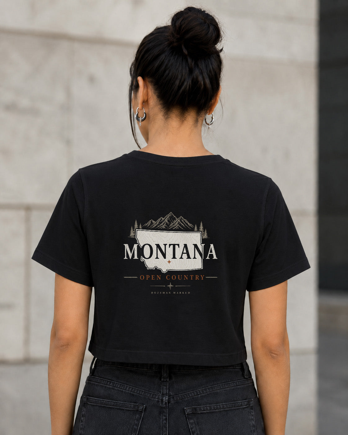 Montana Open Country T-Shirt – Frauen Crop Shirt Schwarz, Rückenprint