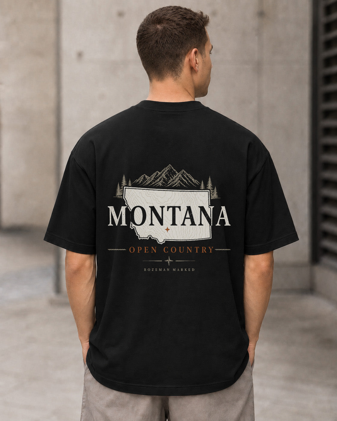 Montana Open Country T-Shirt – Heavyweight Oversize Shirt Schwarz, Rückenprint