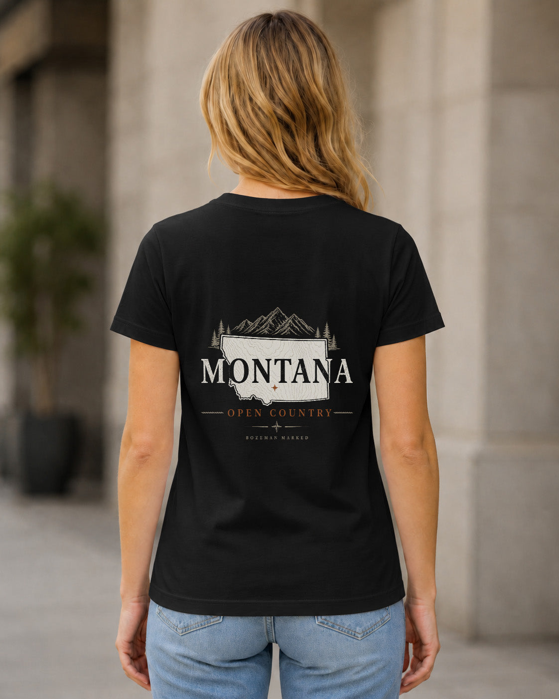 Montana Open Country T-Shirt – Frauen Shirt Schwarz, Rückenprint