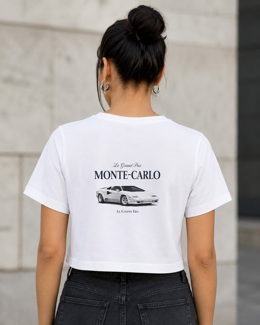 Monte-Carlo T-Shirt – Frauen Crop Shirt Weiss, Rückenprint