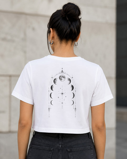 Moon Arch T-Shirt – Frauen Crop Shirt Weiss, Rückenprint