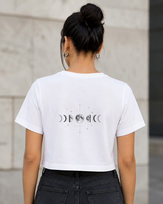 Moon Phases T-Shirt – Frauen Crop Shirt Weiss, Rückenprint