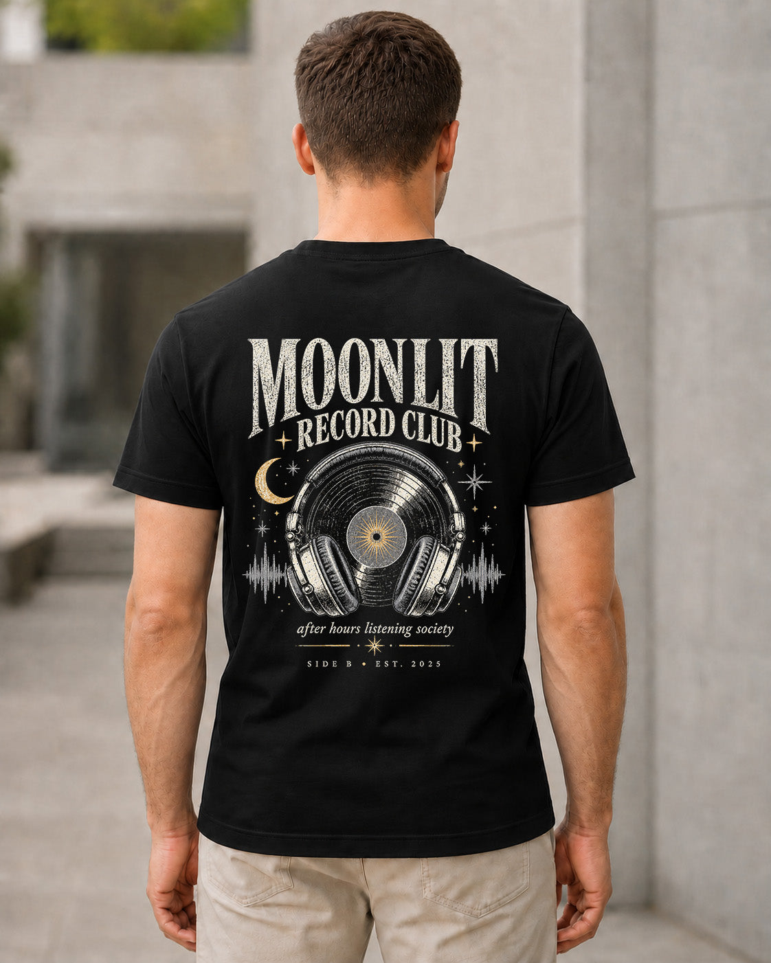 Moonlit Record Club T-Shirt – Bio-Baumwolle Shirt Schwarz, Rückenprint